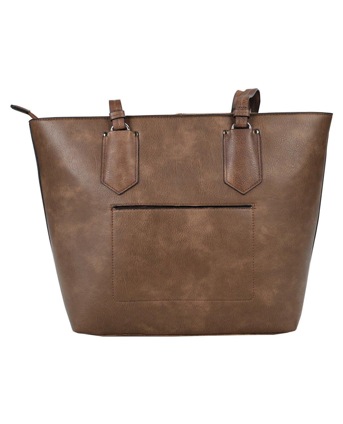A brown faux-leather tote bag with a front pocket and two top handles, shown against a plain white background.