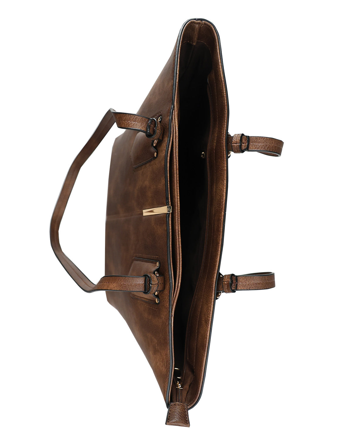 A brown leather tote bag shown from an overhead angle, featuring a structured shape, dual shoulder straps, and gold-tone hardware on a plain white background.
