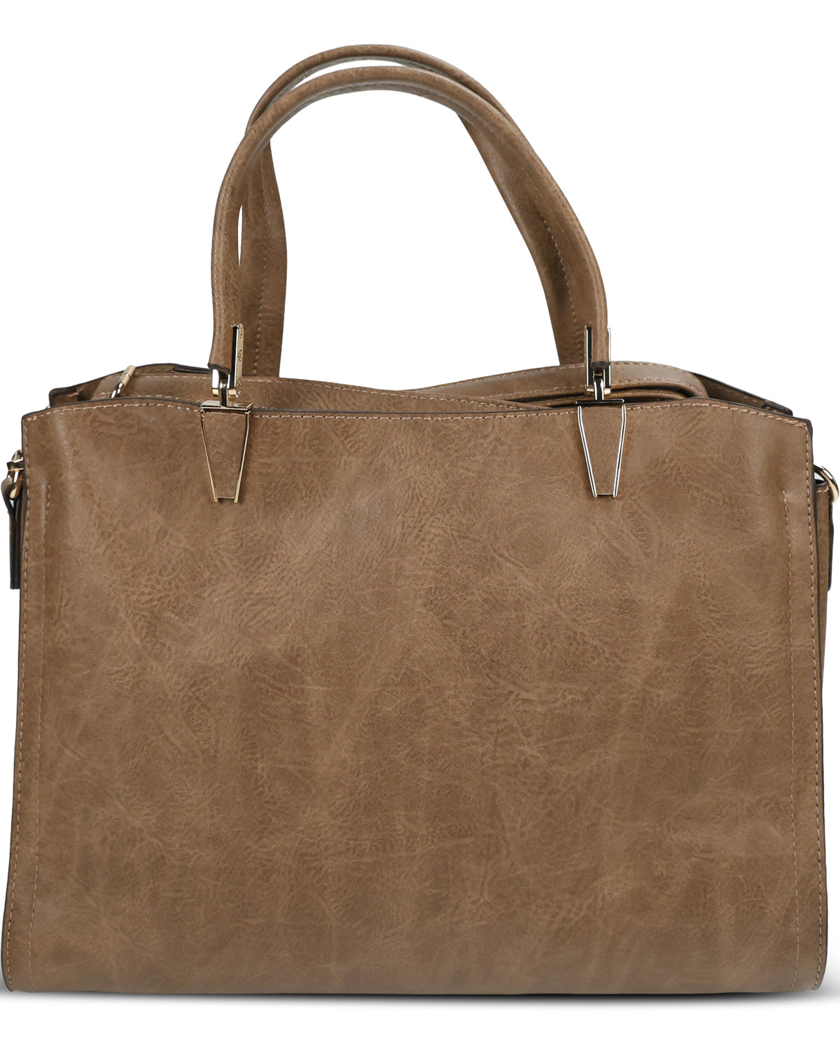 A large brown faux-leather tote bag with dual top handles and silver-tone hardware, shown against a plain white background.