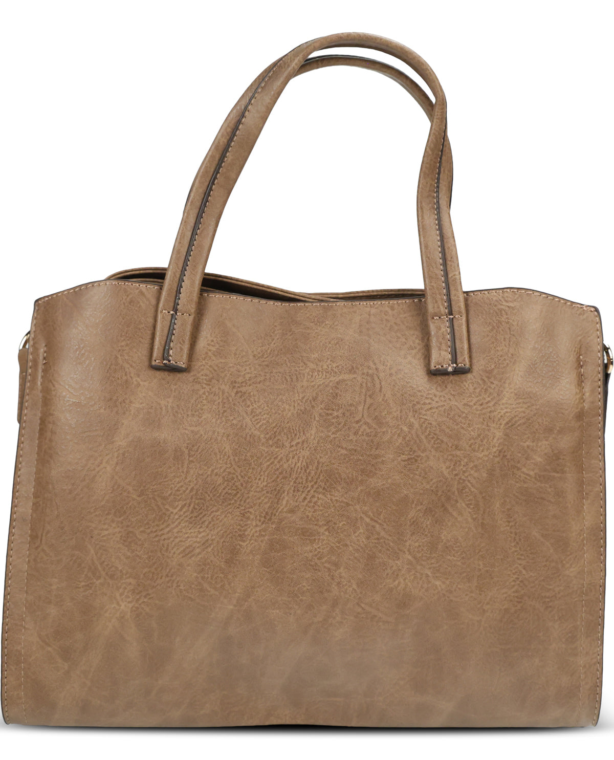 A large tan faux-leather tote bag with double top handles, shown against a plain white background.
