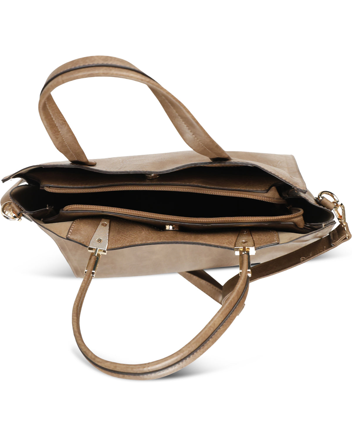 A taupe leather tote bag shown from an overhead angle, open to reveal its interior compartments, handles, and a zippered pocket, set against a plain white background.