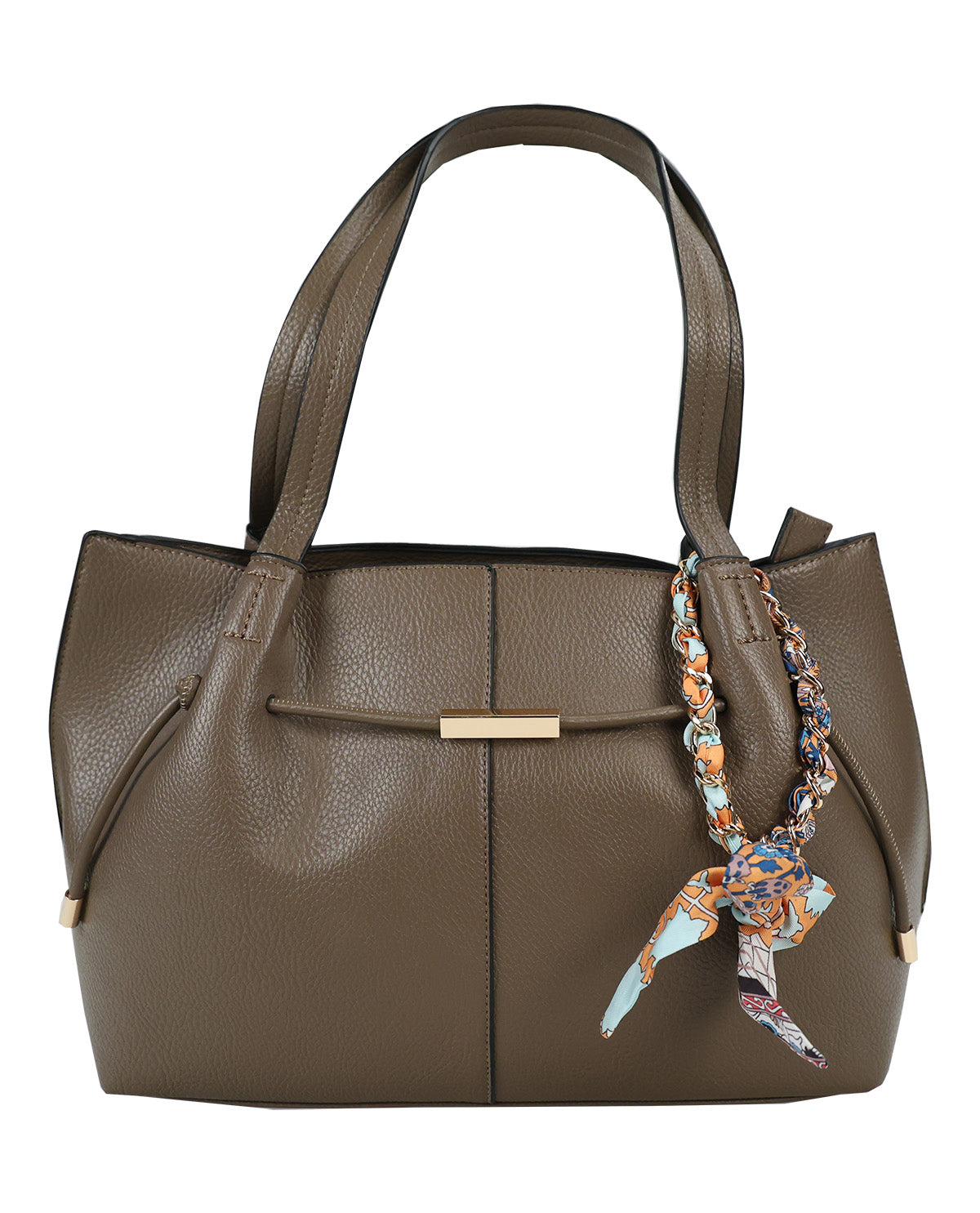 A taupe brown pebbled leather handbag with dual top handles, a gold-tone metal bar accent on the front, and a colorful patterned scarf tied to the side handle, shown against a plain white background.