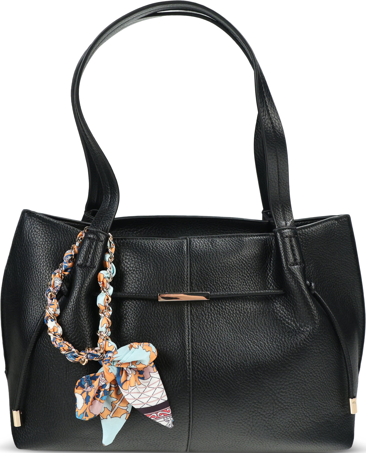 A black pebbled leather handbag with double top handles, a gold-tone front bar accent, and a decorative multicolor patterned scarf tied to the side, shown against a plain white background.