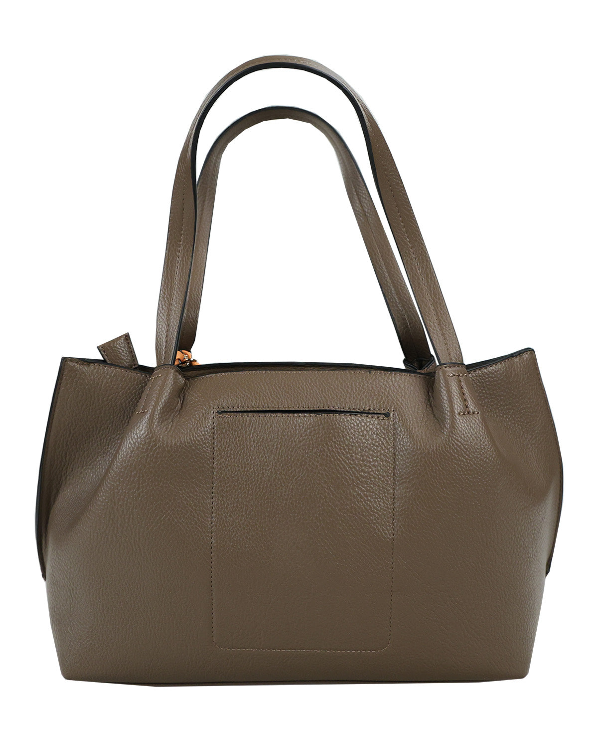 A taupe brown pebbled leather tote bag with dual shoulder straps and a front slip pocket, shown against a plain white background.