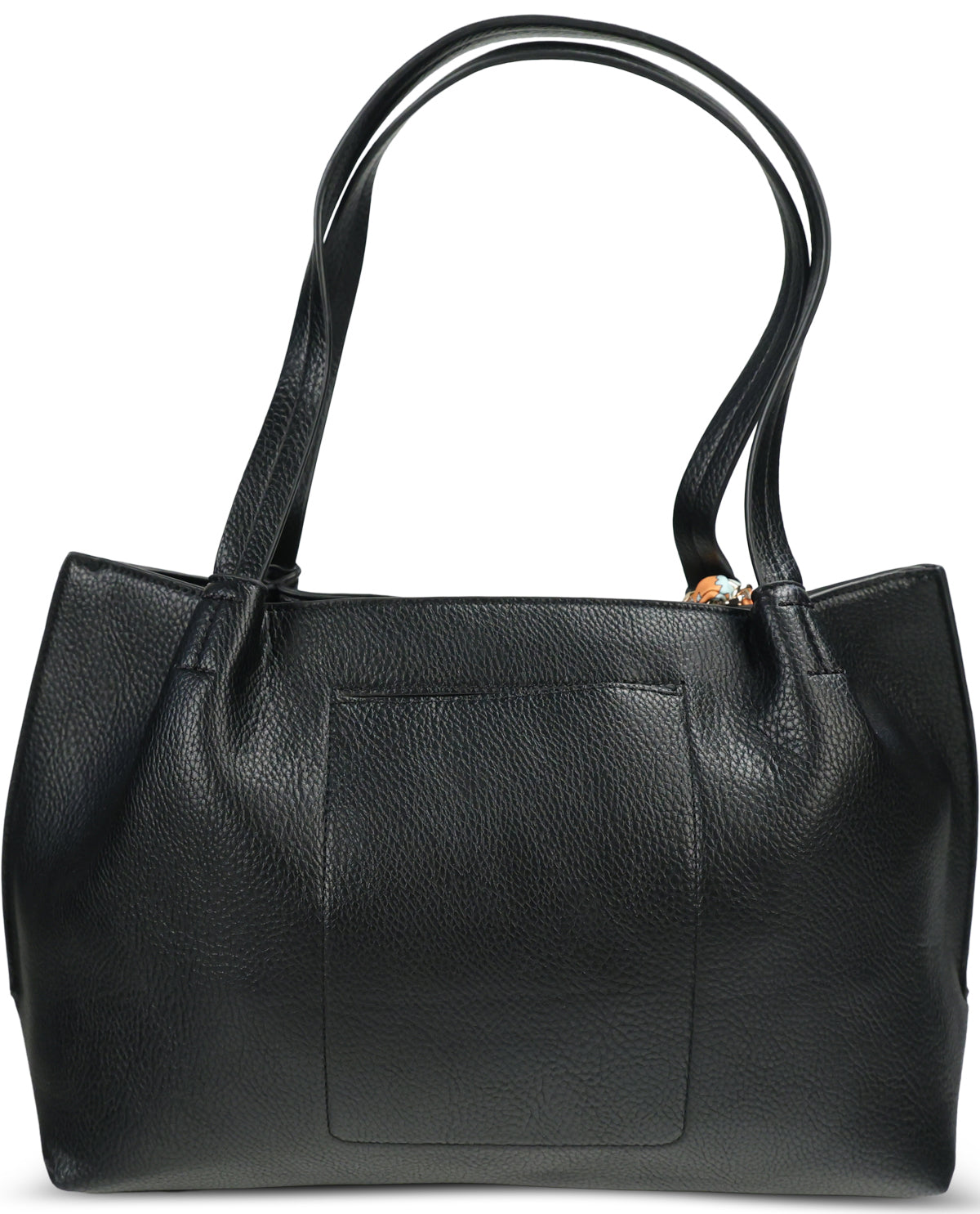 A black pebbled leather tote bag with dual shoulder straps and a front slip pocket, shown against a plain white background.