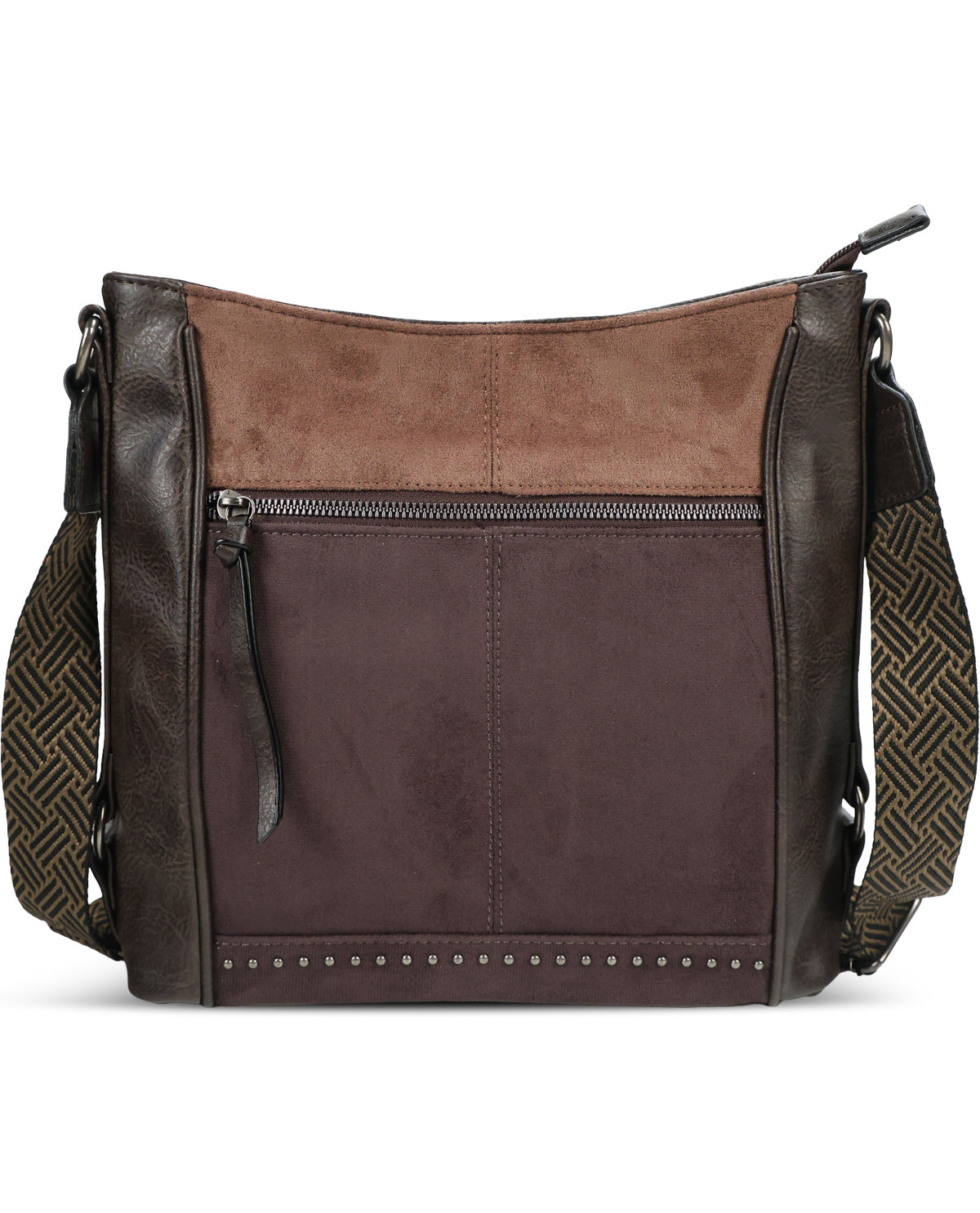 A brown and dark brown leather shoulder bag with a suede-like top panel, a front zip pocket, and a patterned woven strap, shown against a plain white background.