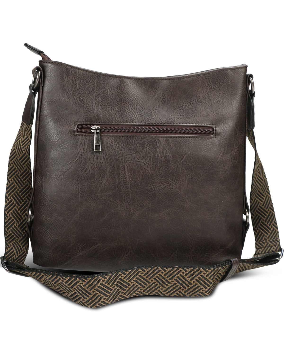 A dark brown faux-leather crossbody bag with a front zippered pocket and a patterned brown and beige woven strap, shown against a plain white background.