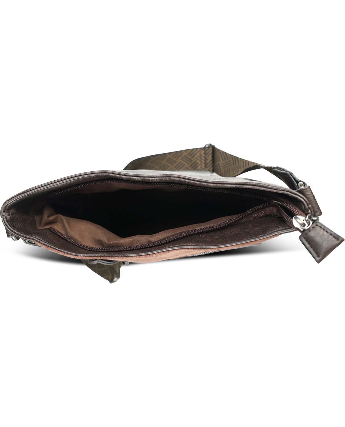 A brown leather crossbody bag shown open from a top-down view, displaying its interior lining and patterned strap against a white background.