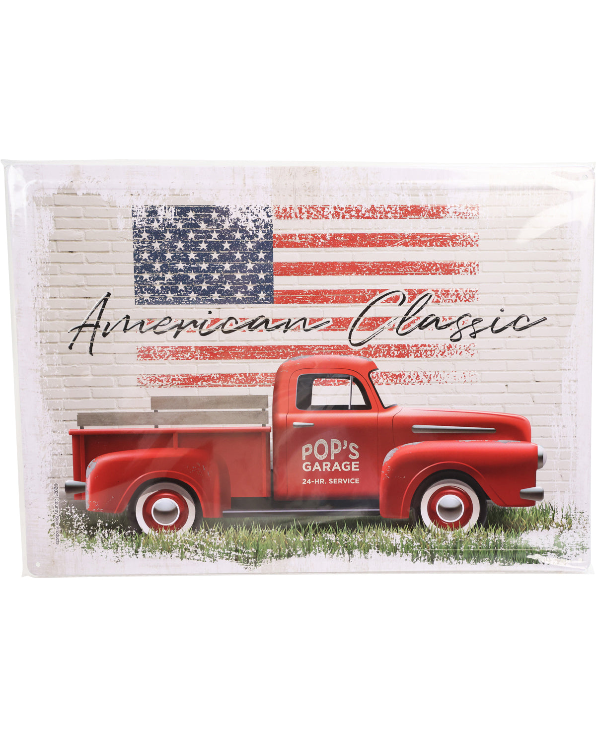 Red vintage truck with American flag and 'American Classic' text on a white background