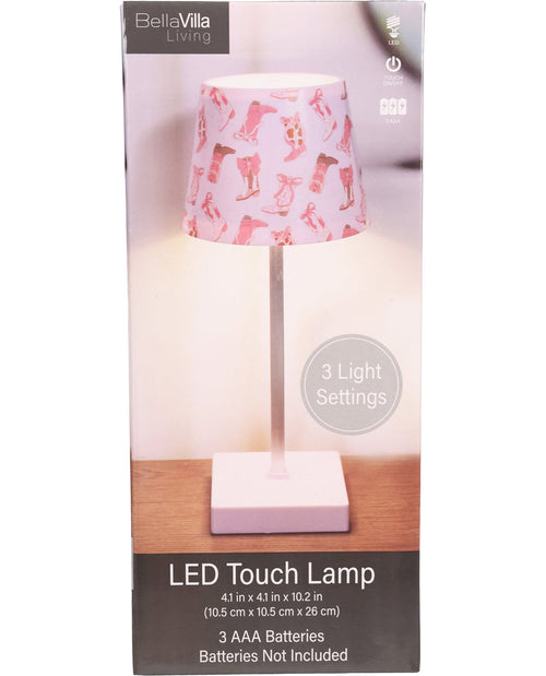 LED touch lamp with patterned shade on BellaVilla Living packaging