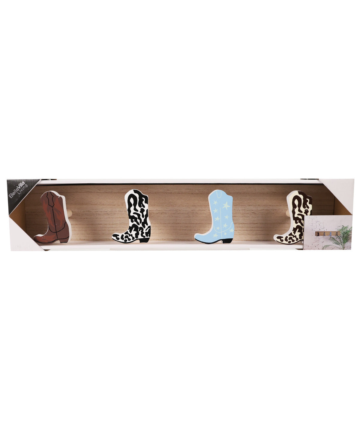 A set of four decorative cowboy boot cutouts displayed in a clear windowed wooden box. The set includes one brown boot, one black and white leopard print boot, one light blue boot with white polka dots, and one black and white leopard print boot.