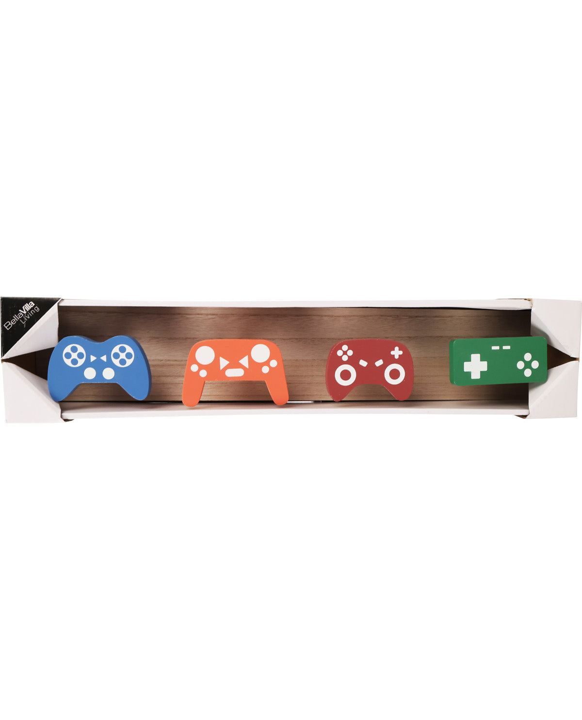 Four colorful gaming controller-shaped coasters on a wooden board with a white background.