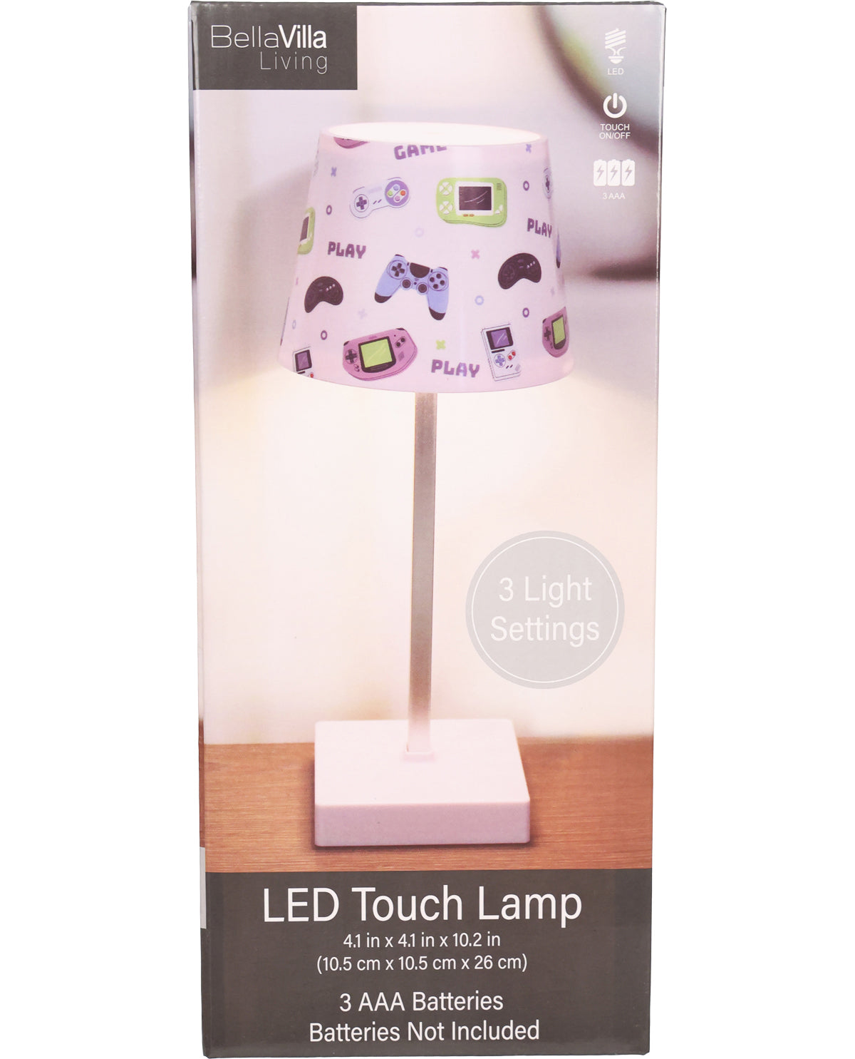 LED Touch Lamp packaging with pink lampshade featuring gaming designs on a white background.