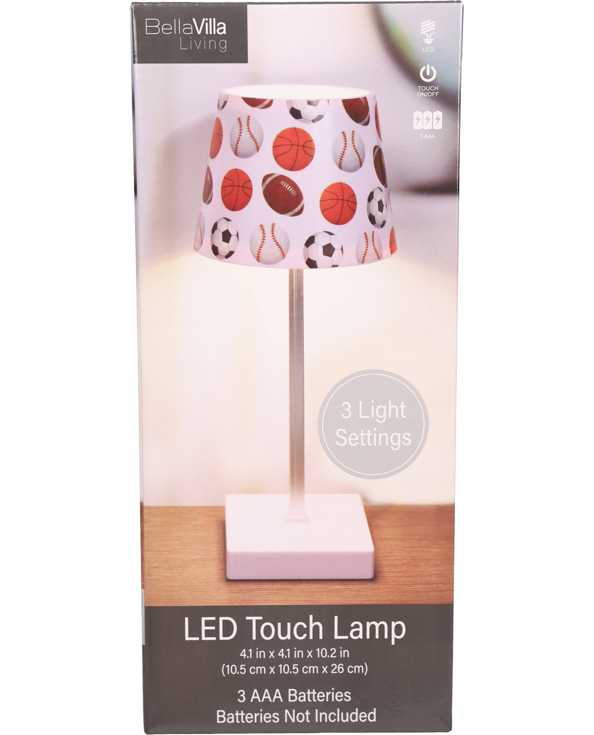 LED Touch Lamp packaging with colorful shade and BellaVilla branding.