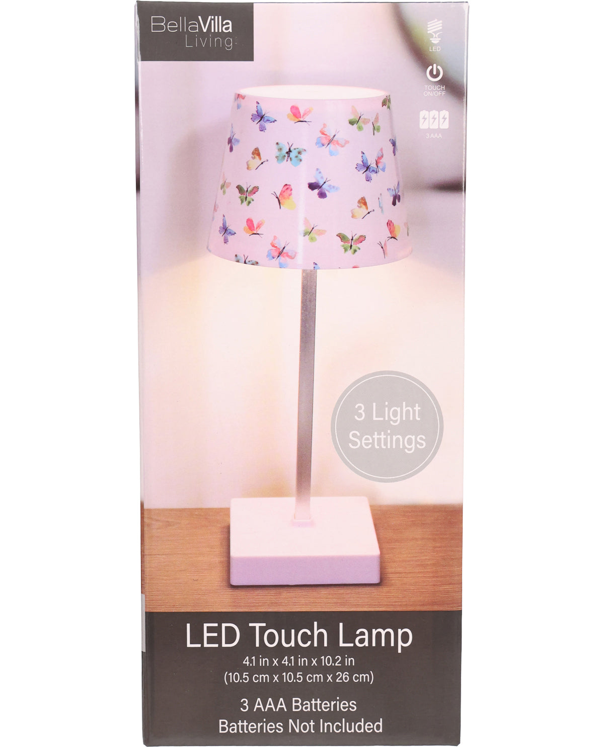 LED touch lamp with butterfly pattern on the shade, shown in packaging.