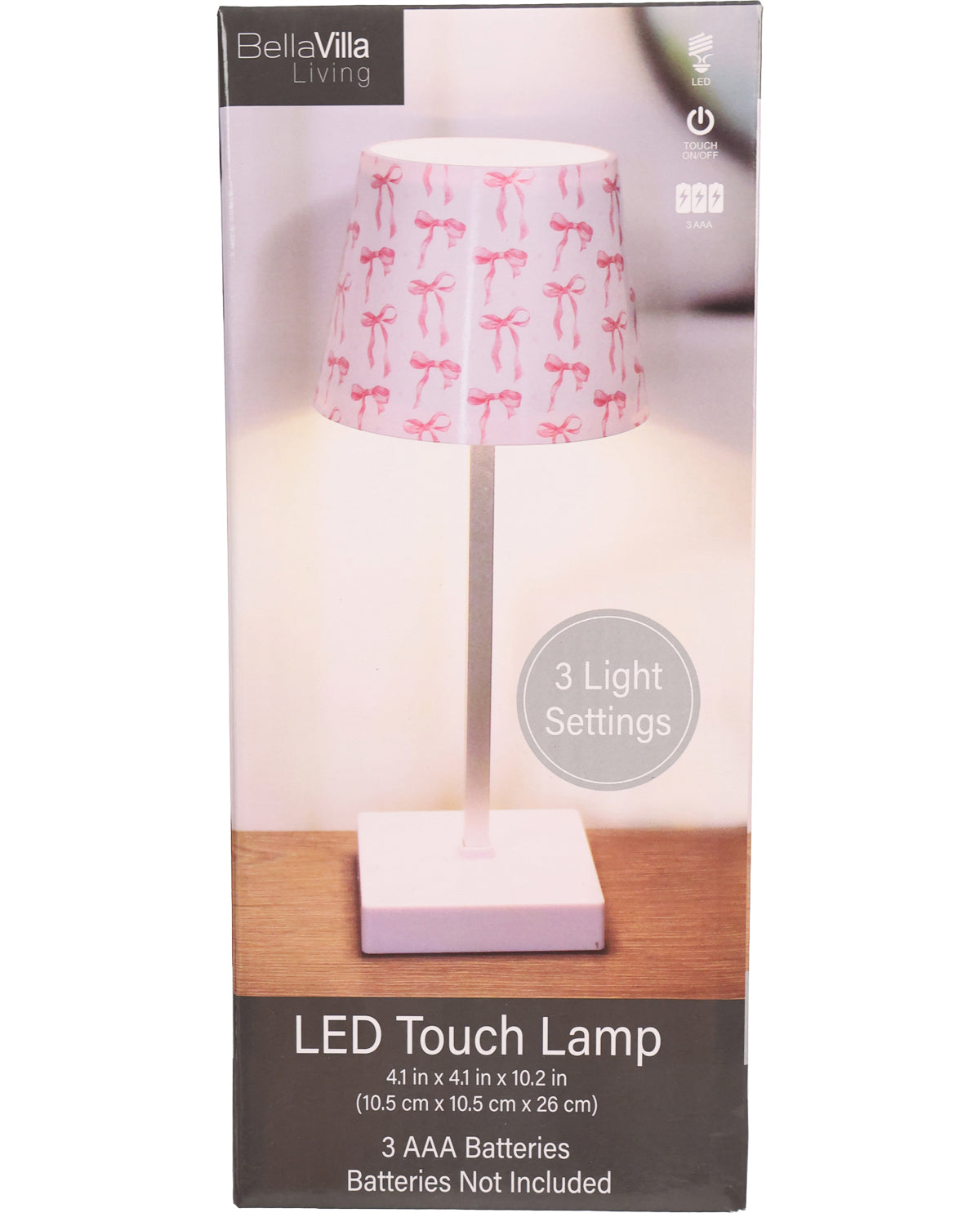 LED Touch Lamp packaging with pink bow pattern on the shade