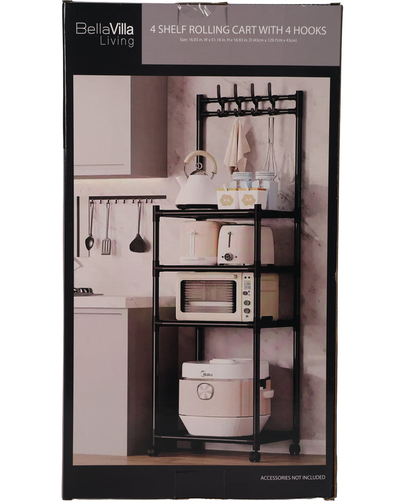 BellaVilla Living 4 shelf rolling cart with hooks, shown in its retail packaging box. The packaging features a photo of the black metal rolling cart with hooks styled in a kitchen setting, holding a kettle, cups, and small appliances.