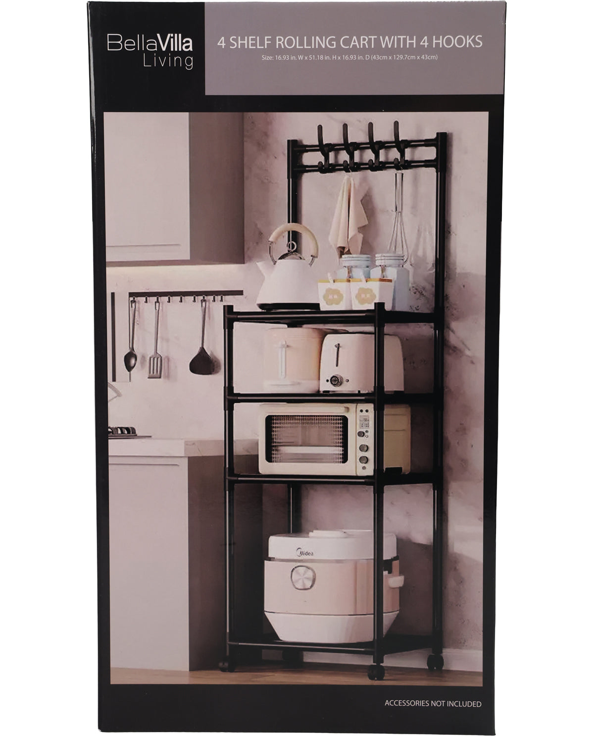 BellaVilla Living 4 shelf rolling cart with hooks in its retail packaging, featuring a black metal frame and accessories pictured on the box front.