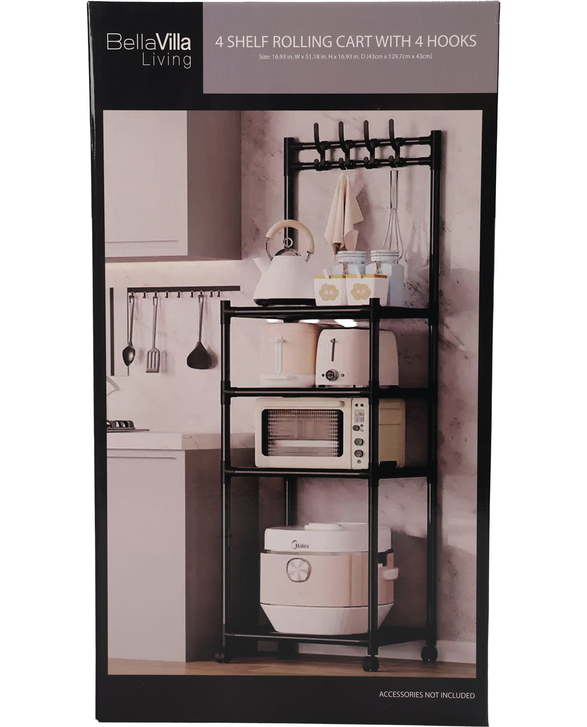 BellaVilla Living 4 shelf rolling cart with hooks, shown in its retail packaging box. The packaging features a photo of the black metal rolling cart with hooks styled with kitchen appliances and utensils against a kitchen wall.