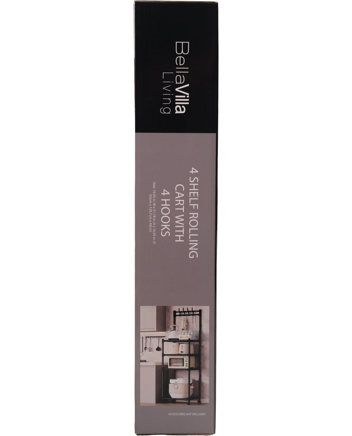 A tall, narrow product box for BelleVilla 4 Shelf Rolling Cart with 4 Hooks, shown on a plain white background. The packaging features a black top section with white branding and a taupe-brown lower section with product text and a small interior room photo.
