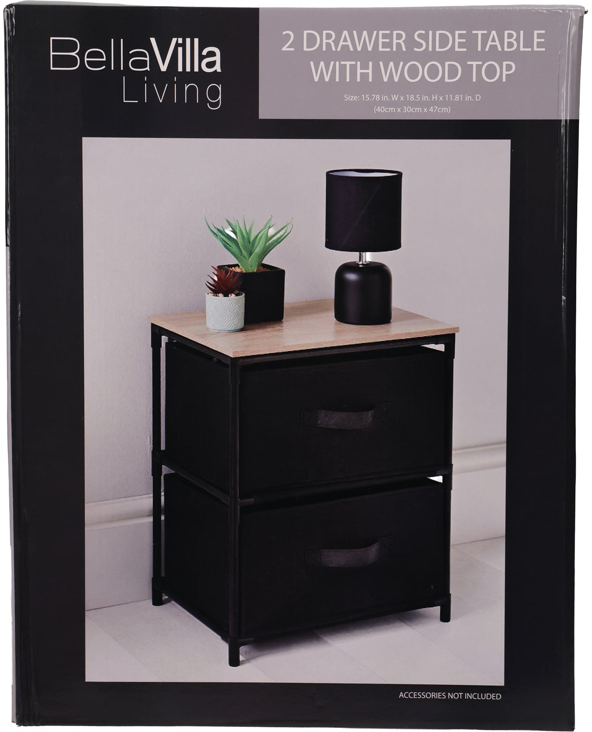 BellaVilla Living 2 Drawer Side Table with Wood Top in its retail packaging. The box features a product photo of the black metal side table with a light wood top, styled with a black lamp and a small potted plant.