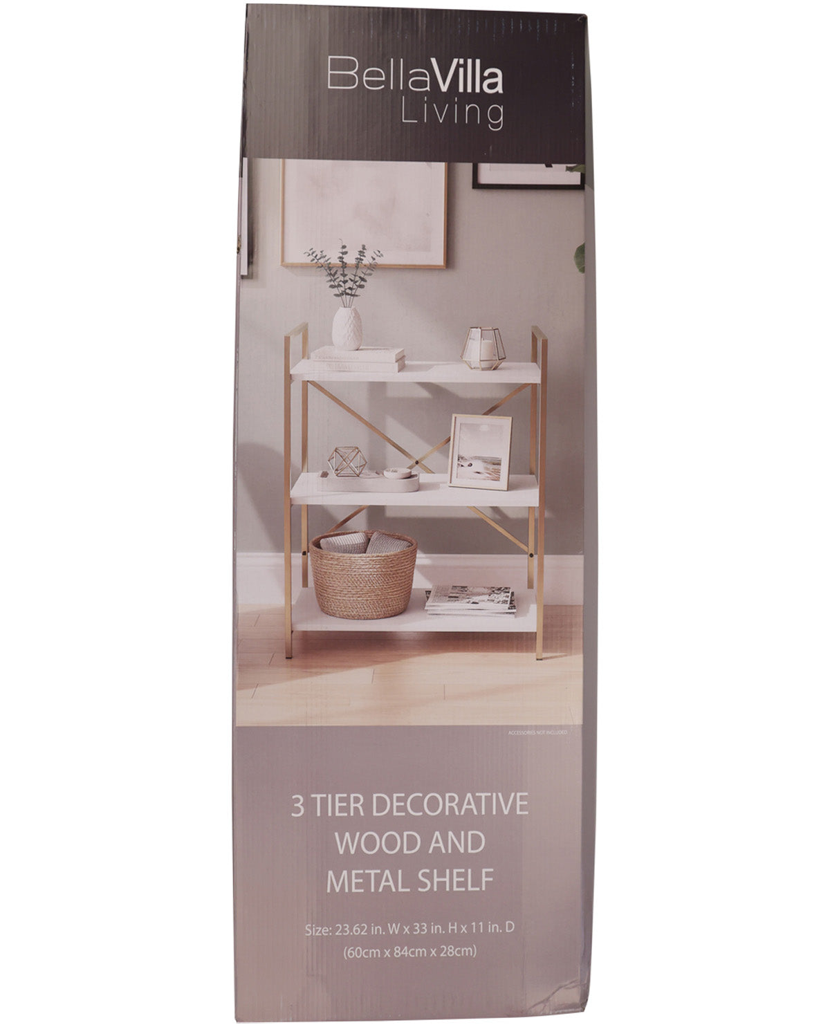 A tall rectangular product box for a 3-tier decorative wood and metal shelf, shown against a plain white background. The packaging features a photo of the shelf styled in a living room setting and text reading 'BellaVilla Living' and '3 TIER DECORATIVE WOOD AND METAL SHELF'.