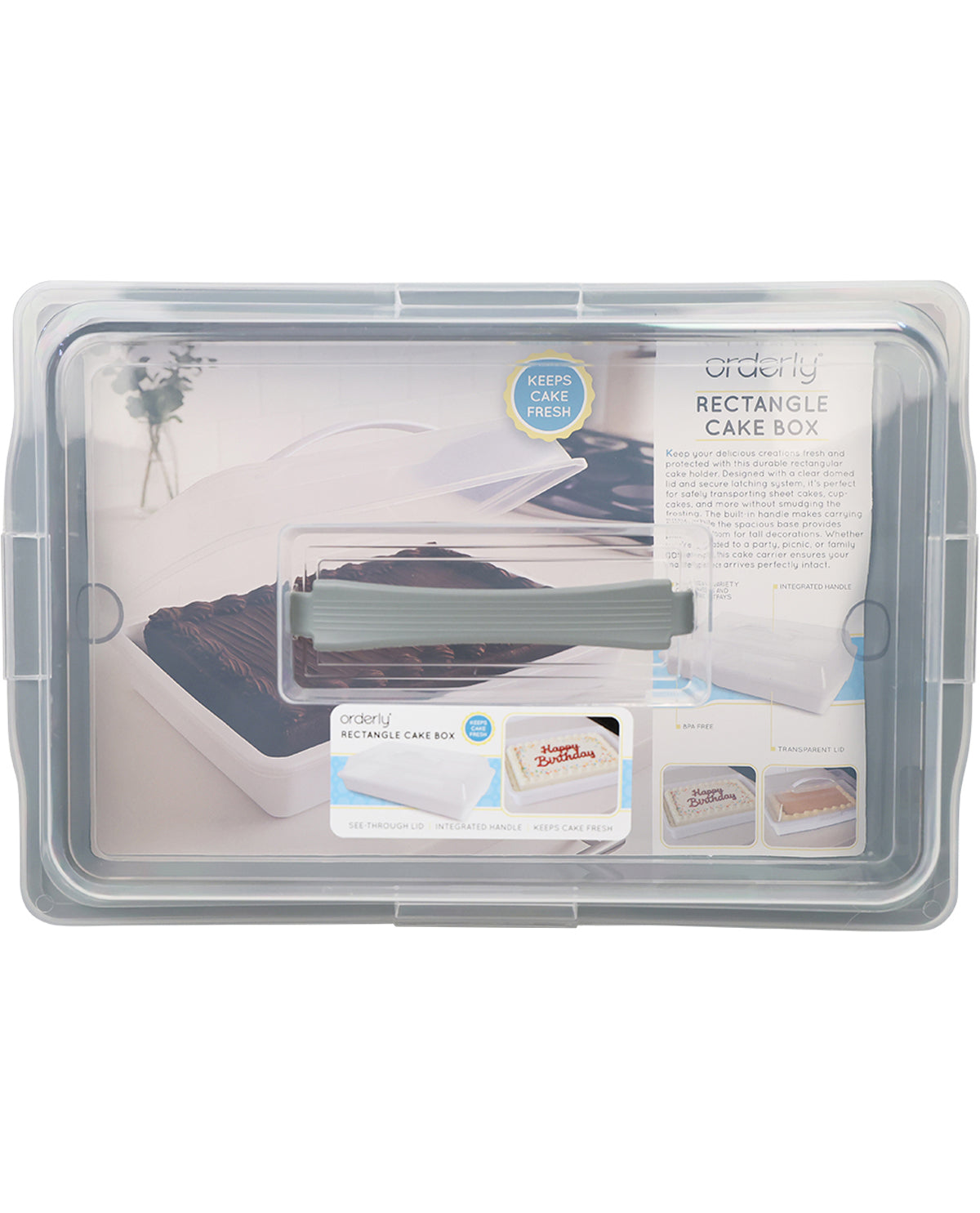 Rectangular cake box with clear lid on a white background