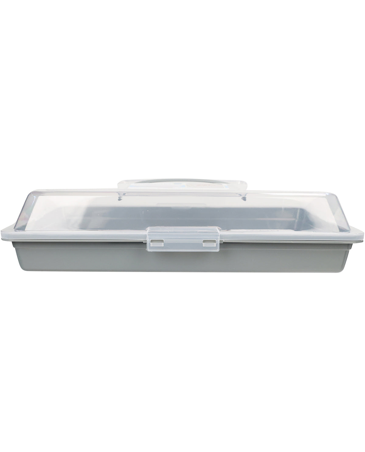 Gray plastic container with a transparent lid on a white background