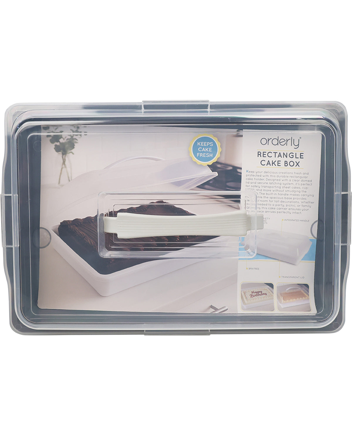 Rectangular cake box with a clear lid on a white background