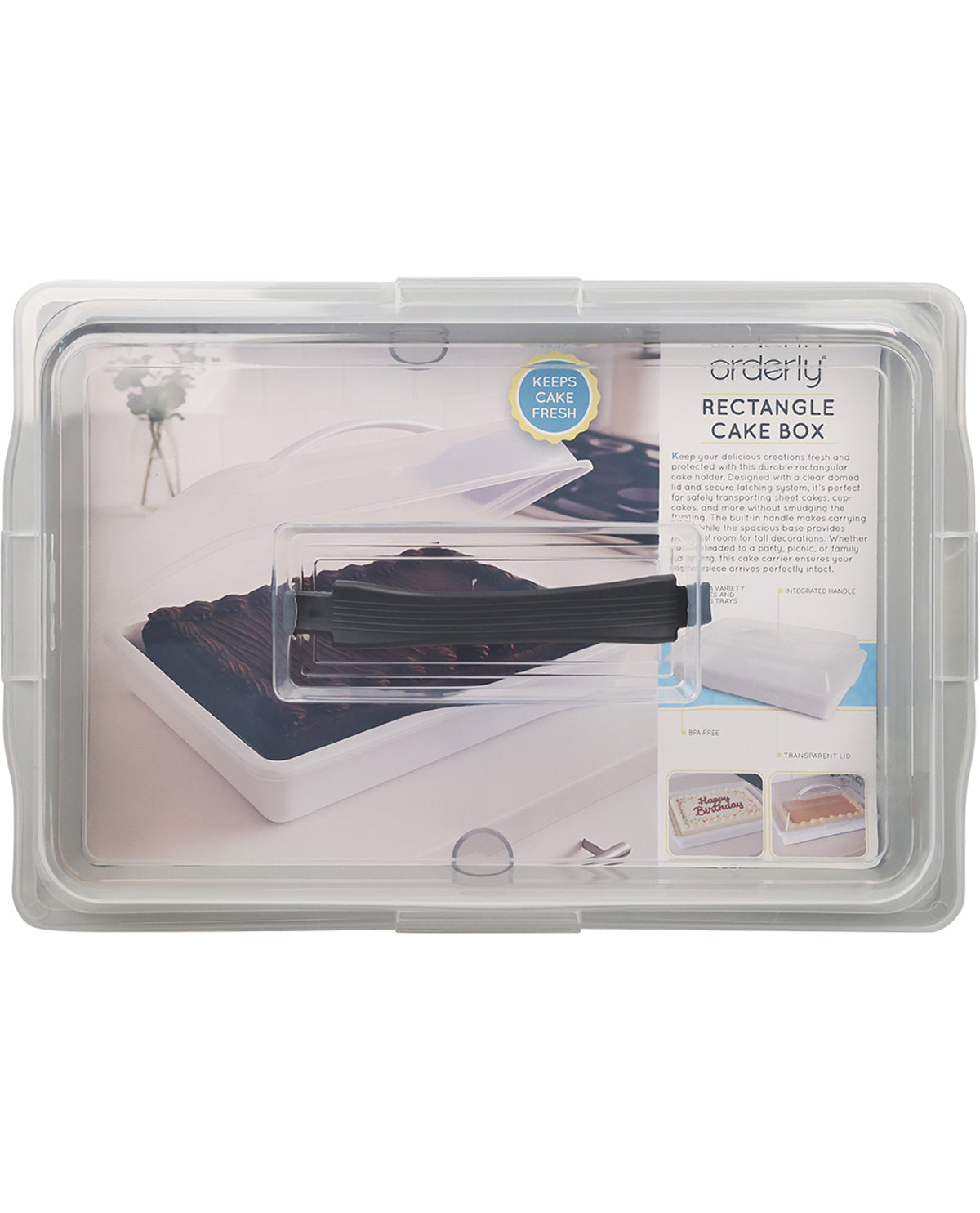 Cake box packaging with a clear lid showing a cake inside on a white background