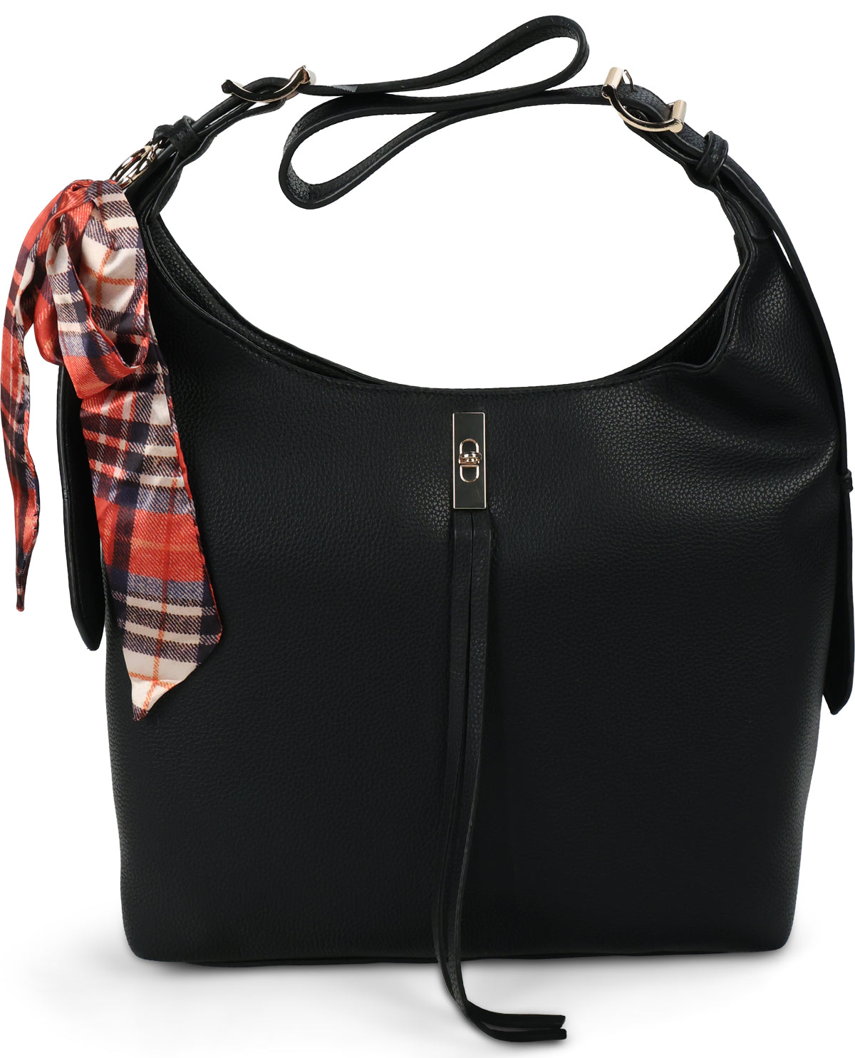 A black pebbled faux-leather hobo shoulder bag with a matching black strap and a red, orange, and beige plaid scarf tied to the side, set against a plain white background.