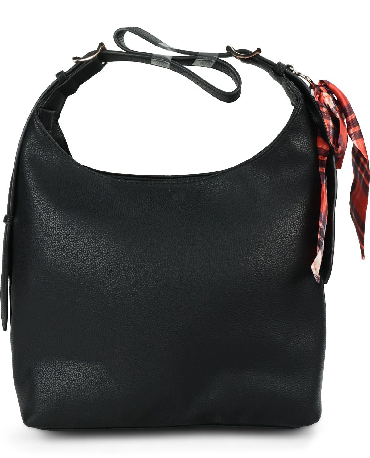 A black pebbled leather hobo shoulder bag with a matching black strap and a red and black plaid silk scarf tied to the side, shown against a plain white background.