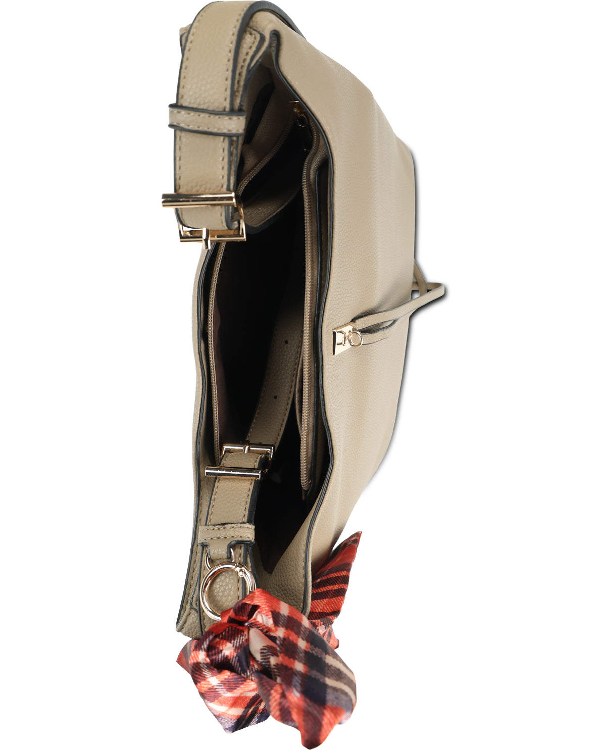 A beige leather shoulder bag with gold-tone hardware, shown open to reveal its interior. A red and black plaid silk scarf is tied to the bottom ring as a decorative accent.