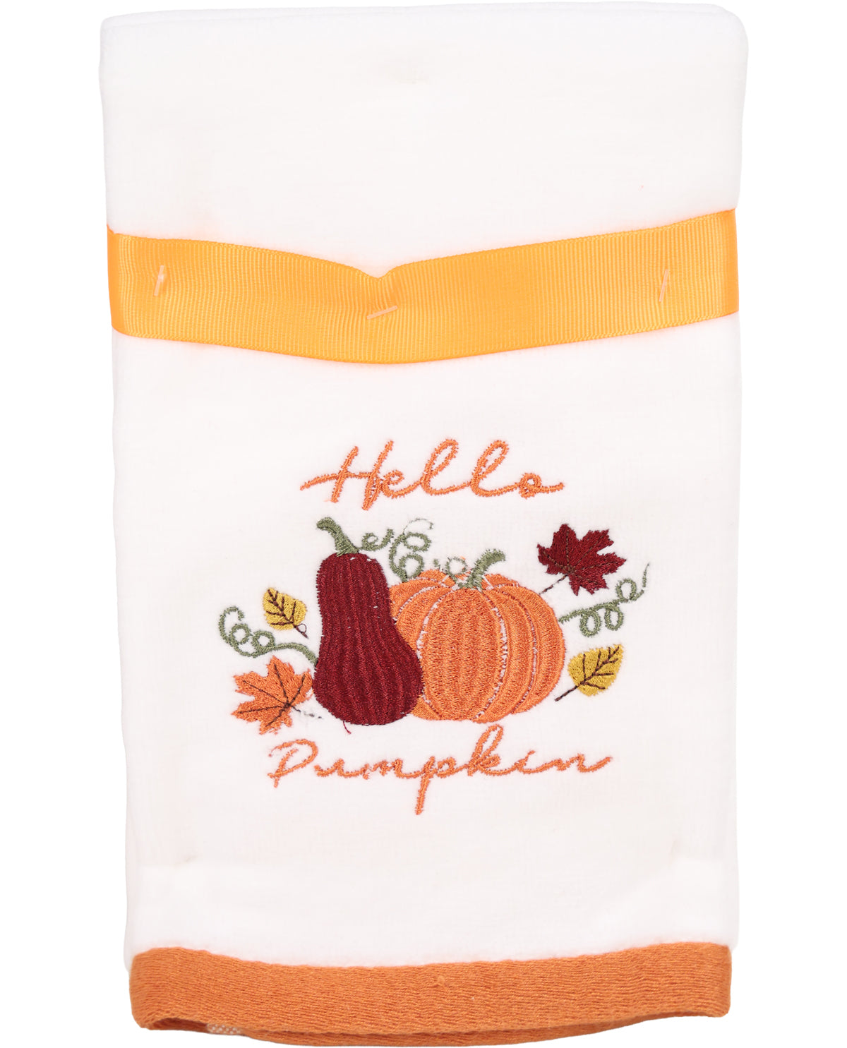 Towel with 'Hello Pumpkin' text and autumnal design on a white background