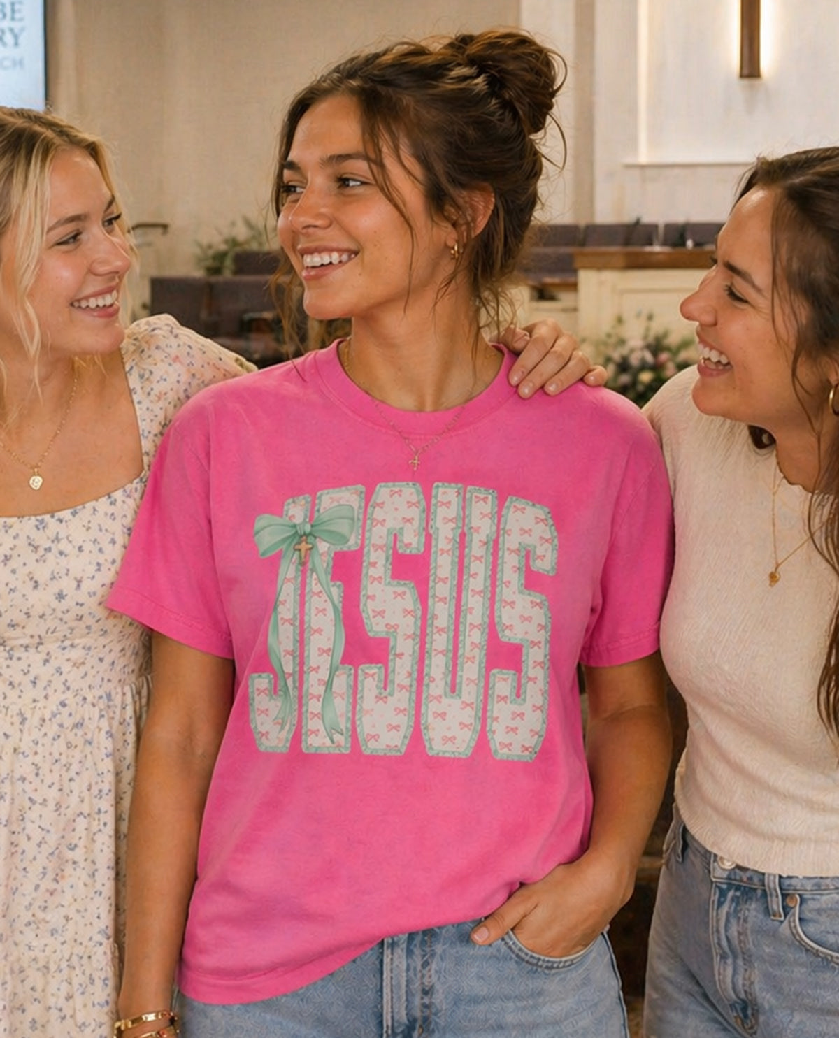 Jesus Cross Charm Short Sleeve Tee Pink