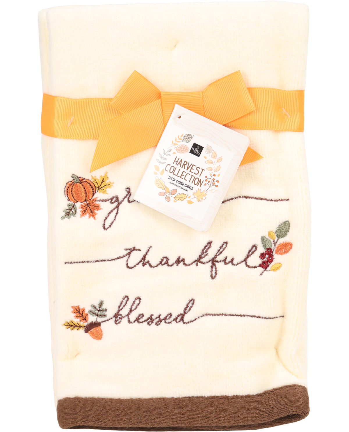 Blanket with 'thankful' and 'blessed' text, pumpkins, and leaves on a white background