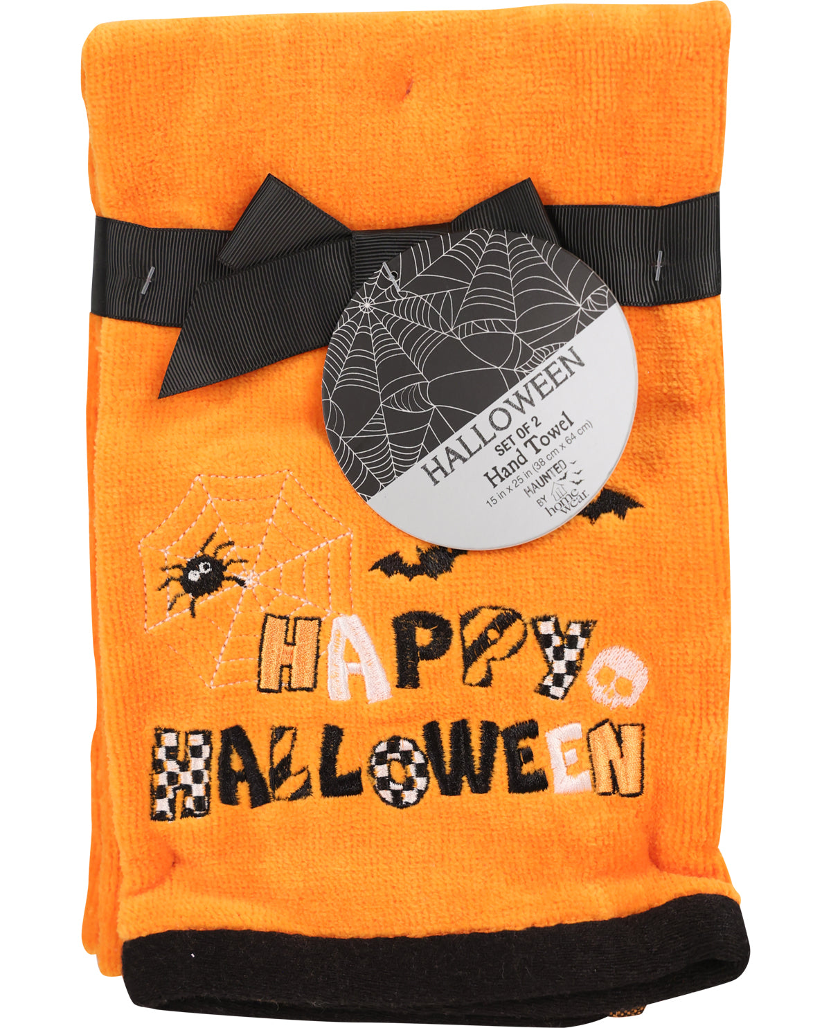Orange Halloween-themed towel with black trim and spider design, featuring a label on a white background.