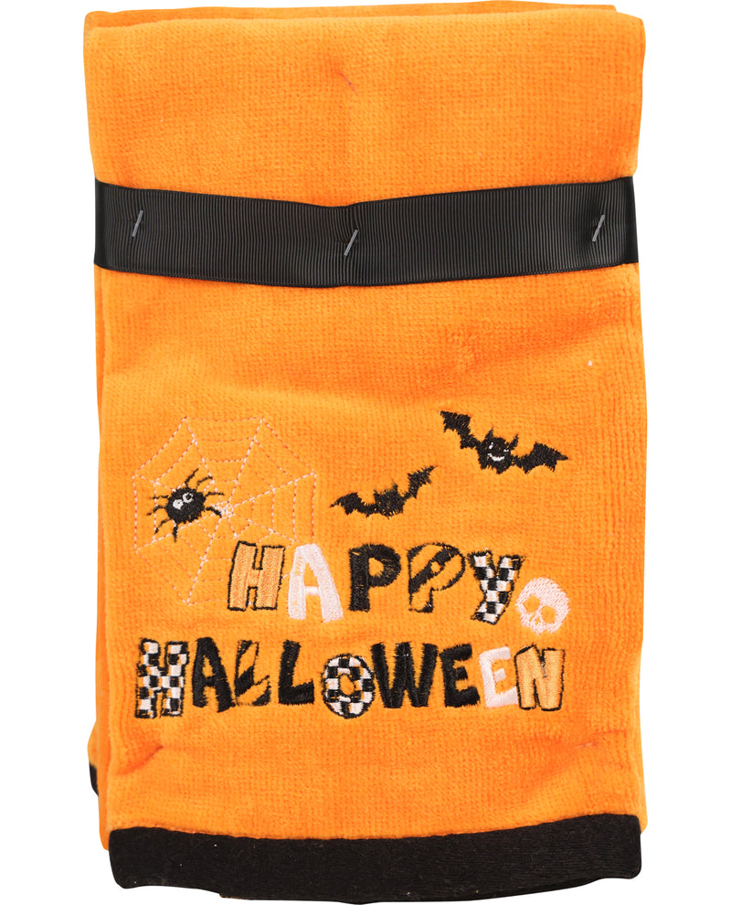 Orange Halloween bag with black bats and spiders, featuring the text 'Happy Halloween'.
