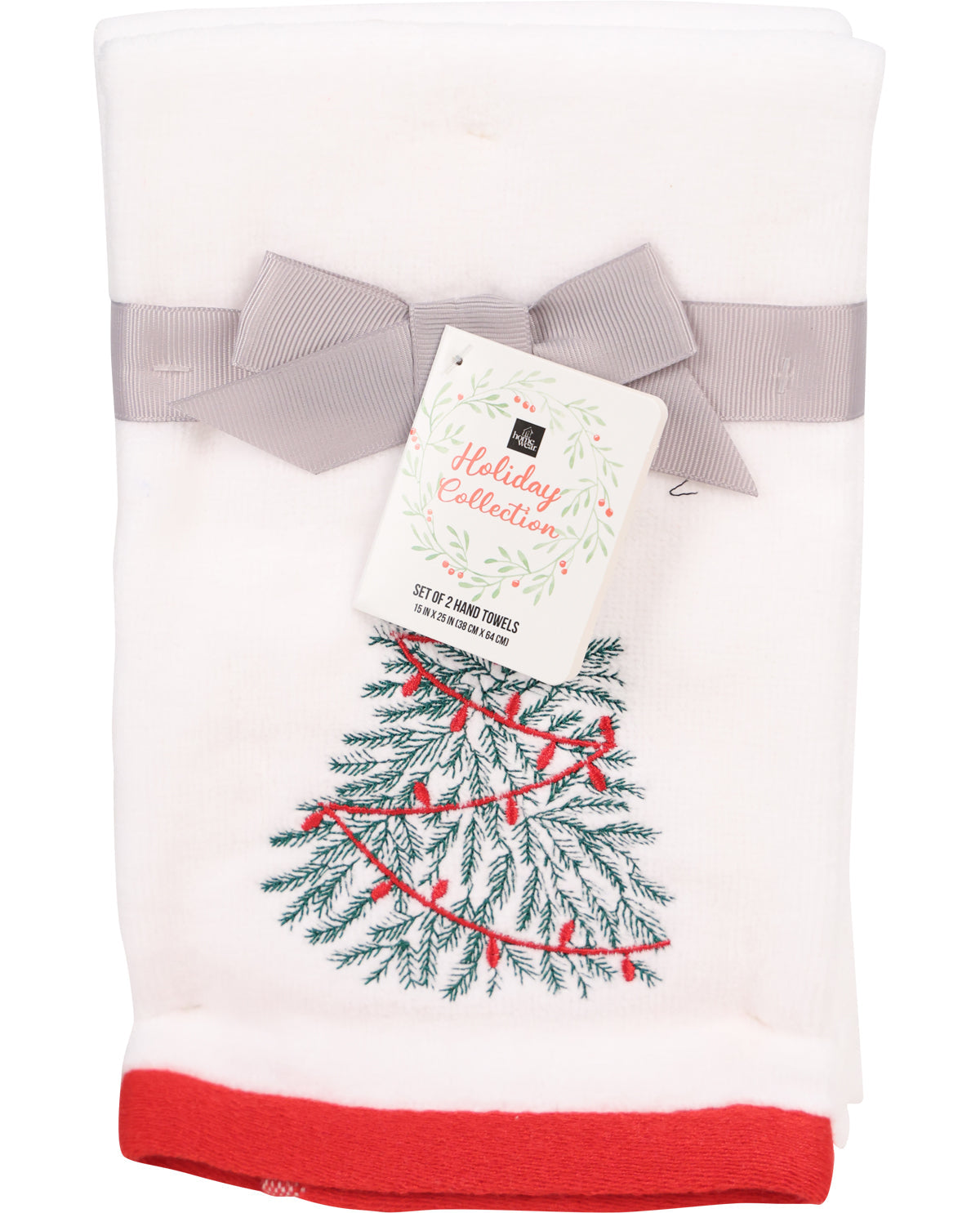 Set of 2 hand towels with a Christmas tree design and red trim, on a white background.