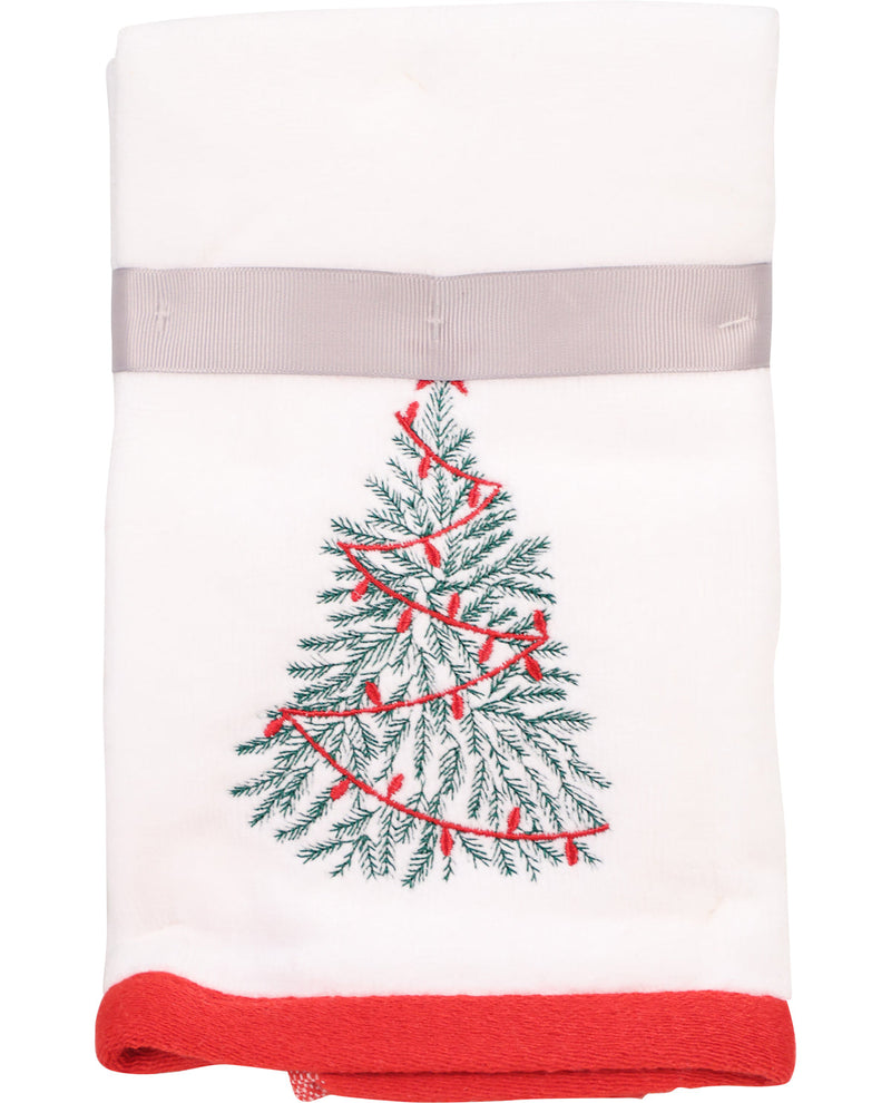 White towel with a Christmas tree design and red trim on a white background
