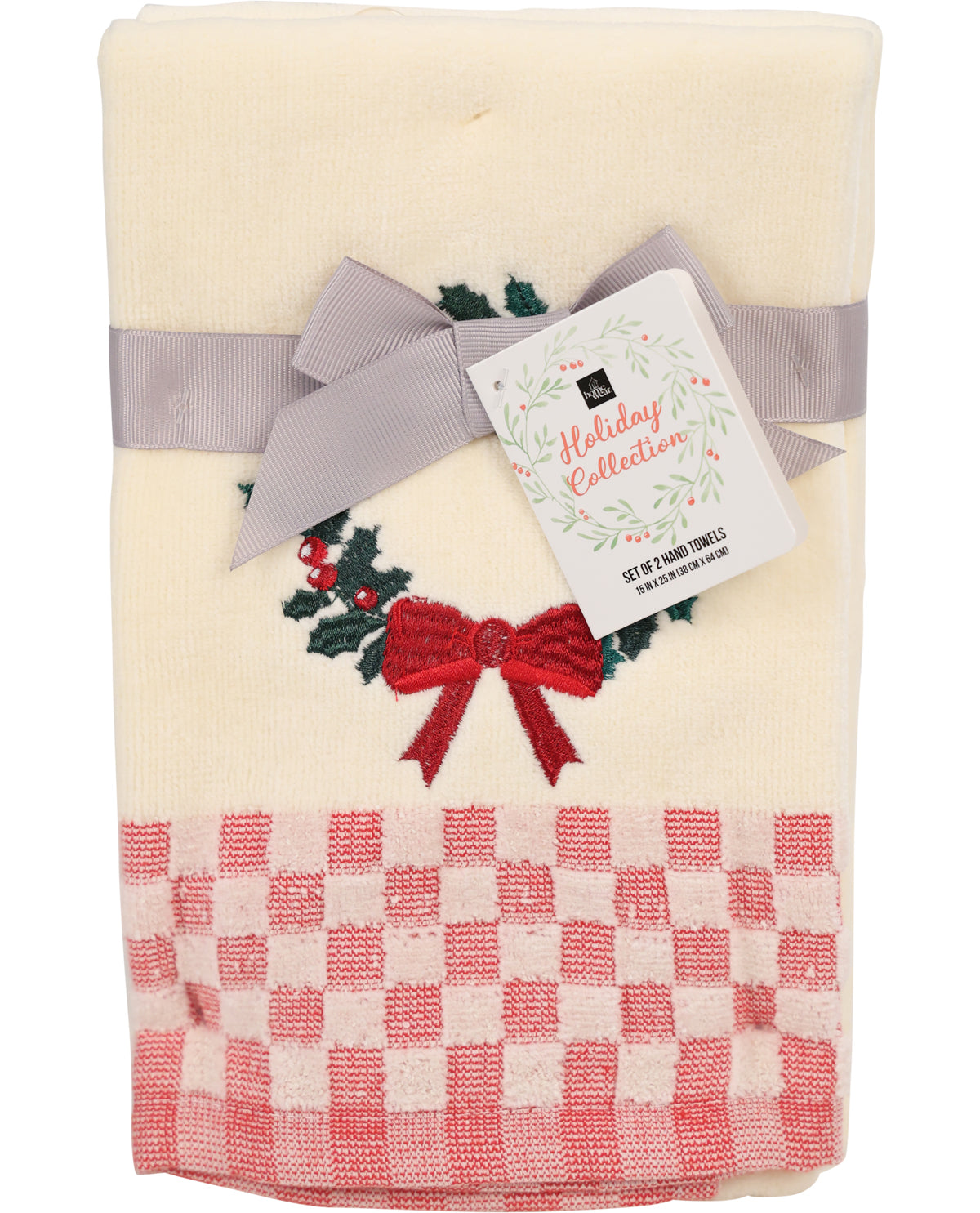 Set of two hand towels with a checkered pattern and decorative bow, featuring a 'Holiday Collection' tag.