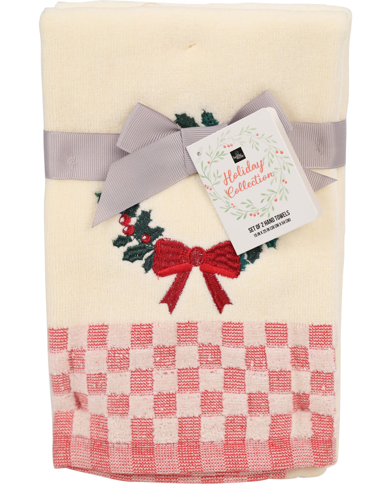 Set of two hand towels with a checkered pattern and decorative bow, featuring a 'Holiday Collection' tag.