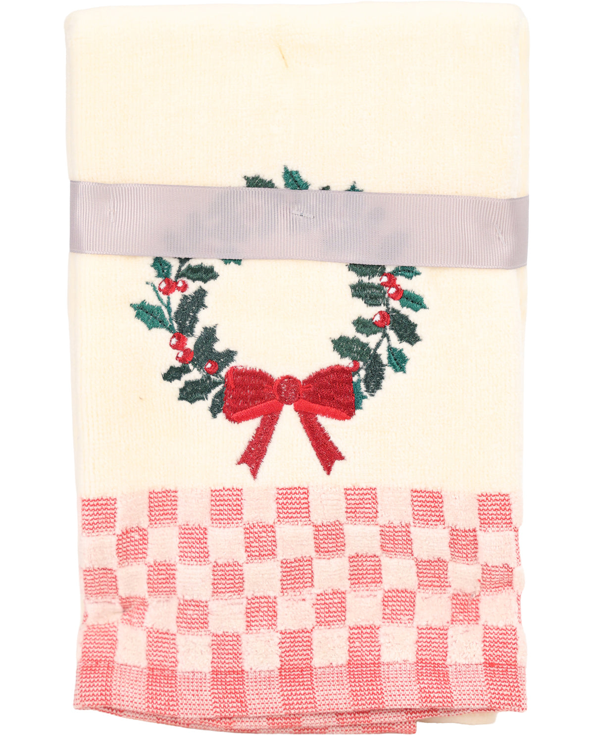 Set of two towels with a Christmas wreath design on a white background