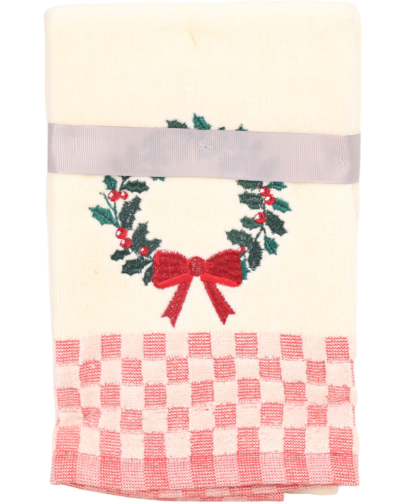 Set of two towels with a Christmas wreath design on a white background