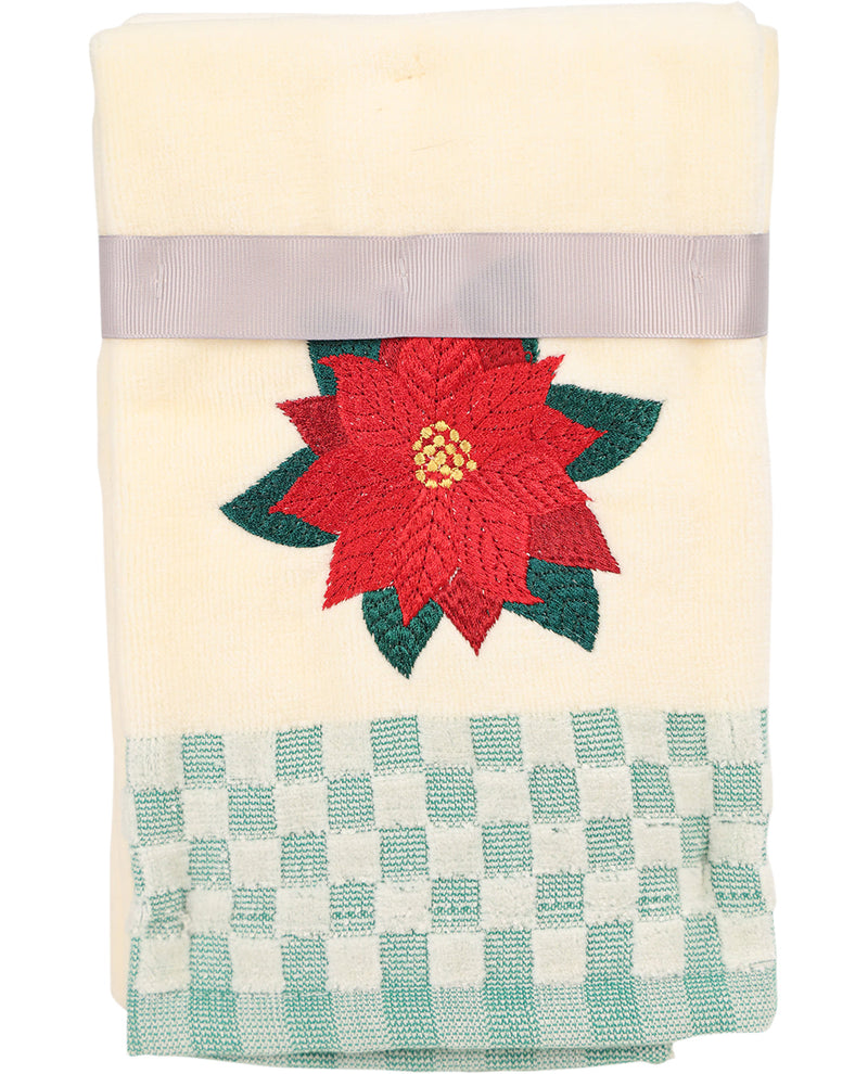 Decorative towel with a red poinsettia flower and checkered pattern on a white background