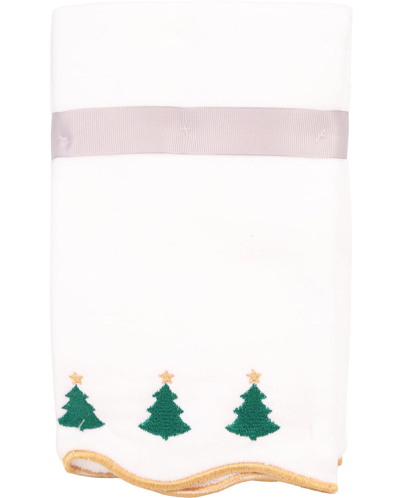White pillowcase with green Christmas trees and gold stars on a white background