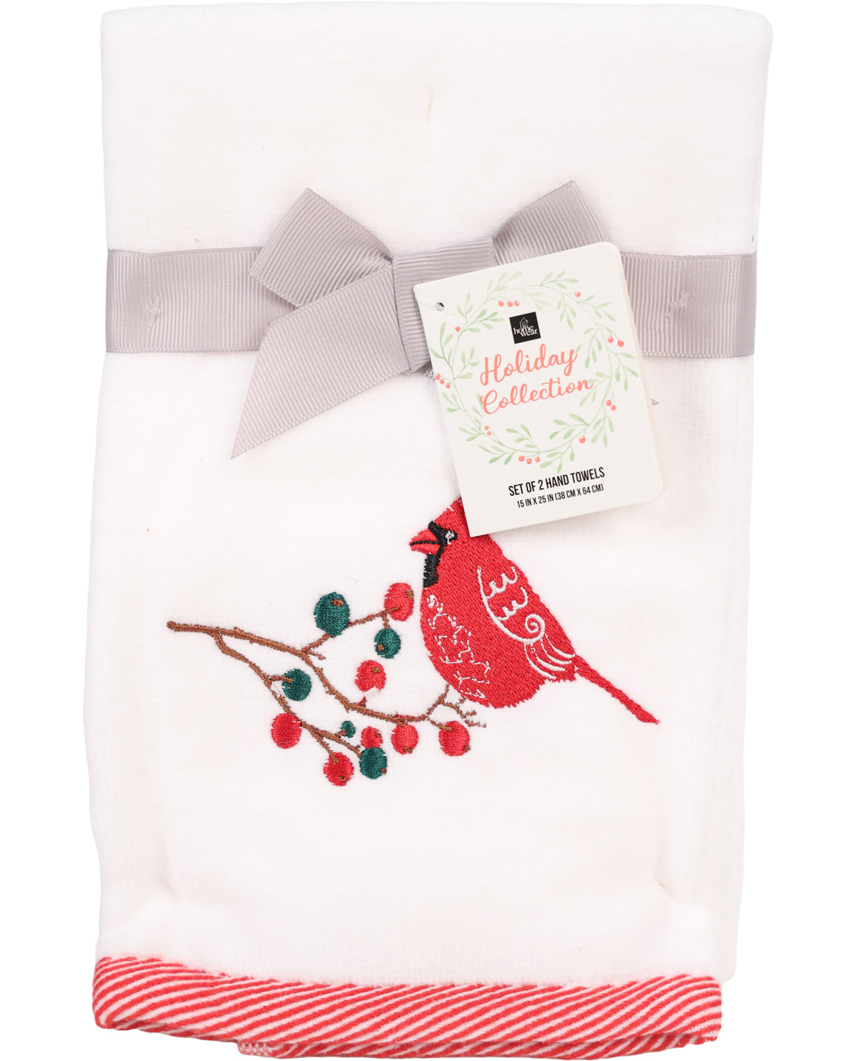 Set of two hand towels with a cardinal design and a bow on a white background