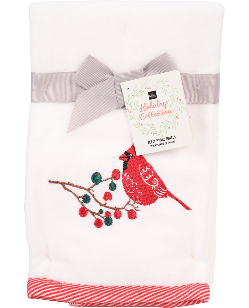 Set of two hand towels with a cardinal design and a bow on a white background
