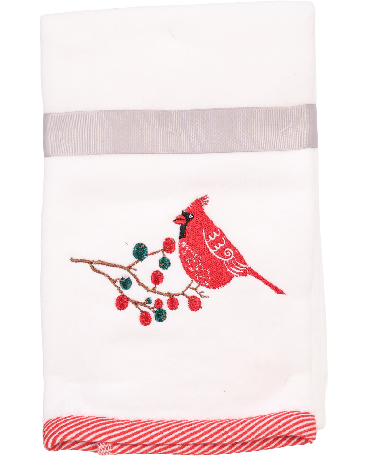 Towel with a red cardinal and berries design on a white background