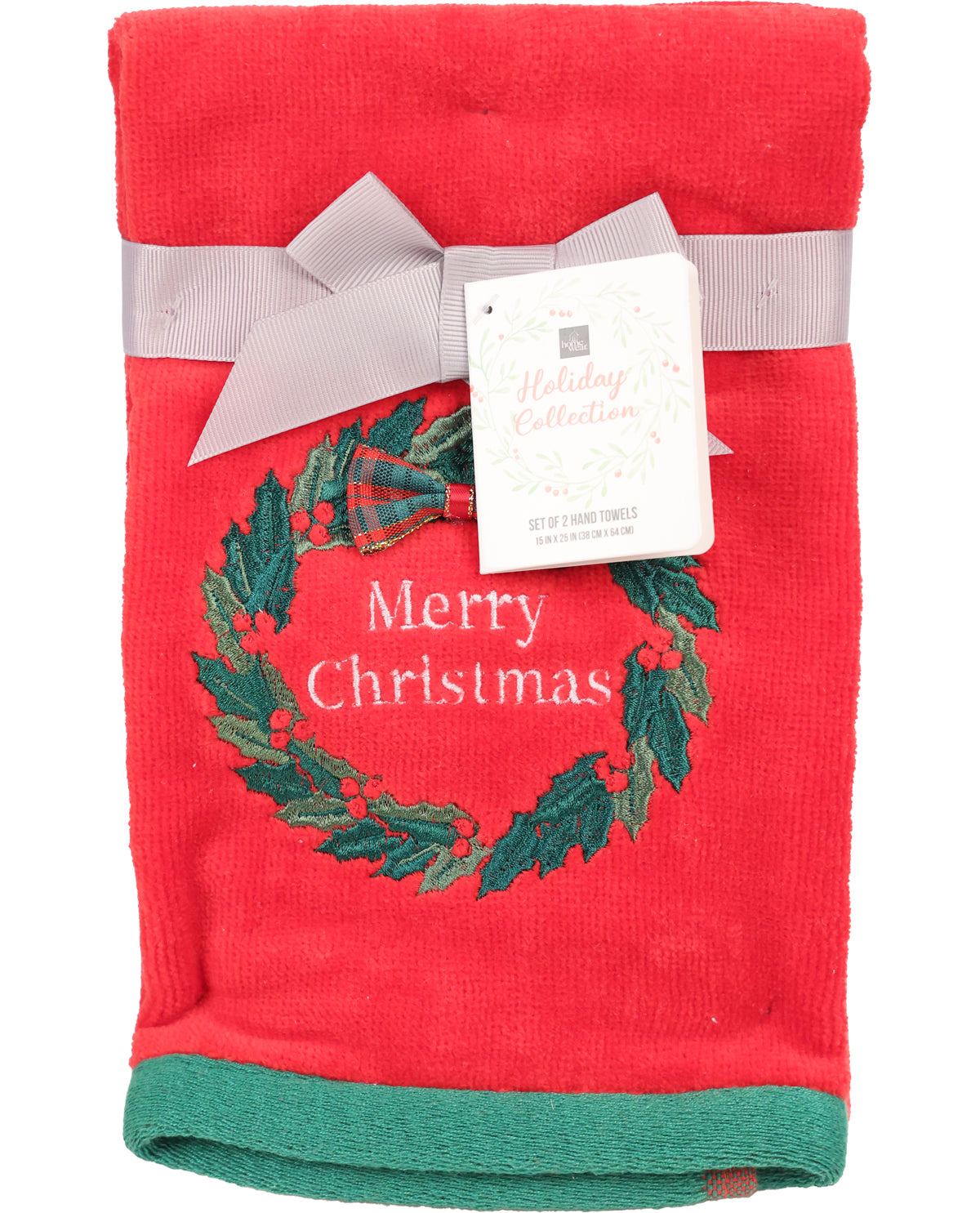 Red towel with green holly wreath and 'Merry Christmas' text, tied with a gray ribbon on a white background.